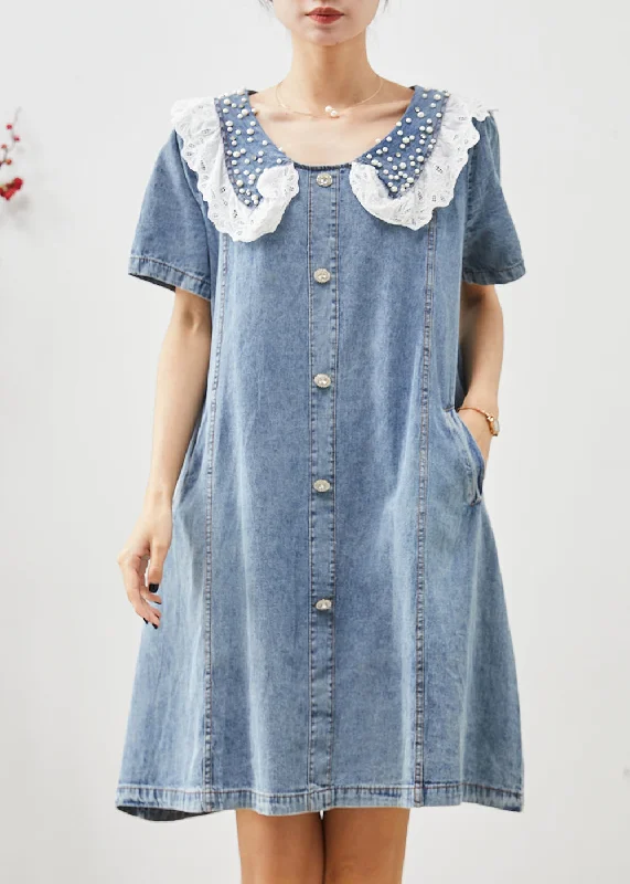 New Autumn And Winter Styles Cute Blue Peter Pan Collar Nail Bead Denim Vacation Dress Summer