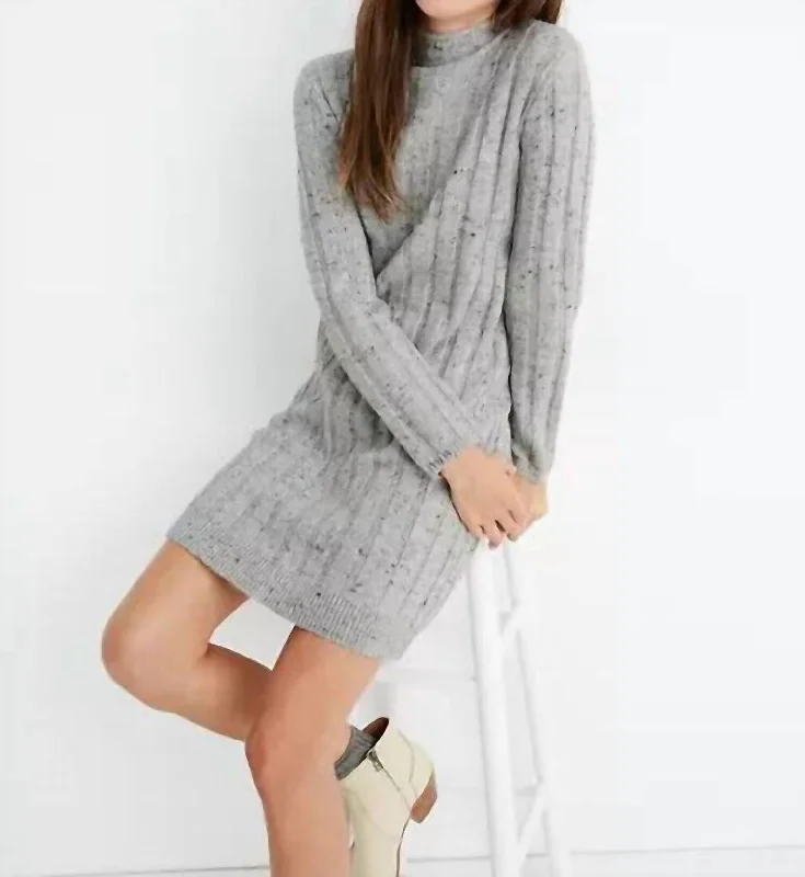 Relaxed And Casual Donegal Rolled Mock Neck Sweater Dress In Gray