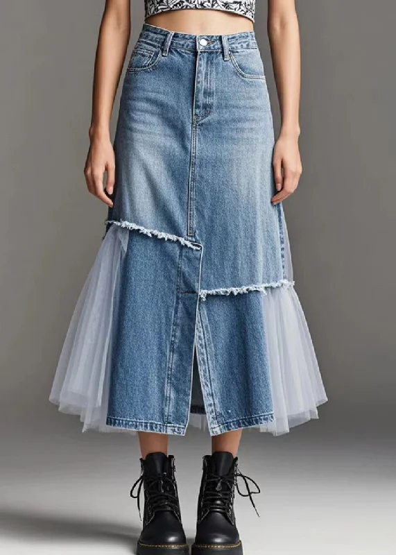 Casual Style Modern Blue Tulle Patchwork Side Open Denim Skirt Spring