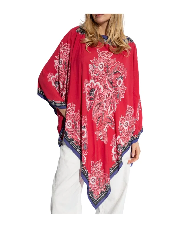 Dynamic Fashion Floral Printed Asymmetric Poncho In Red Multi