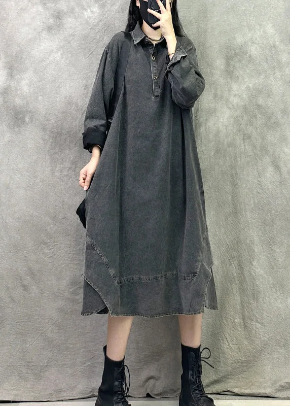 Simple Style French Black Grey Peter Pan Collar Patchwork Denim Long Dresses Spring