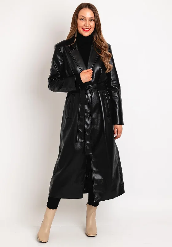 Embroidered Letters Guess Gea Faux Leather Belted Waist Long Coat, Black