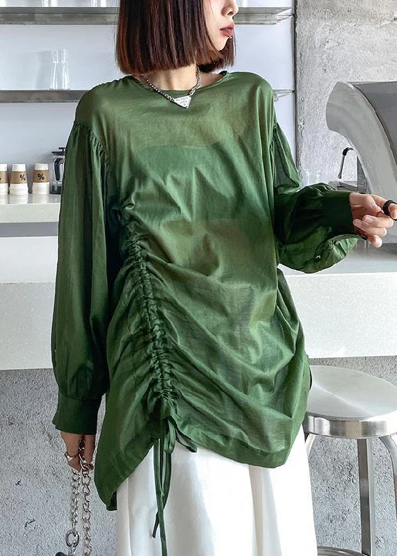 Classic Retro Women Green Pockets drawstring Long sleeve Summer Tops