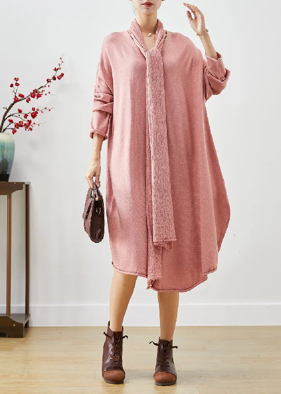 Elegant And Noble Beautiful Pink Oversized Complimentary Scarf Knit Dress Batwing Sleeve