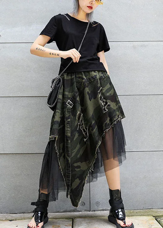 Simple Style Italian Camouflage High Waist Denim Patchwork Tulle asymmetrical design Fall Skirts