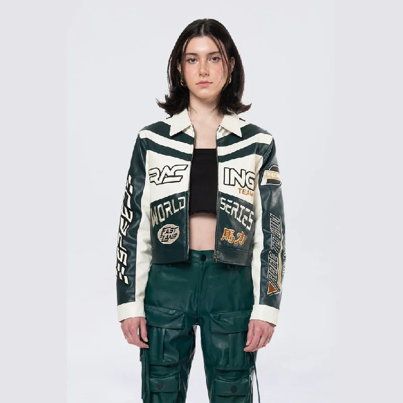 Designer Style Collared Racing Jacket - Oxidized Green