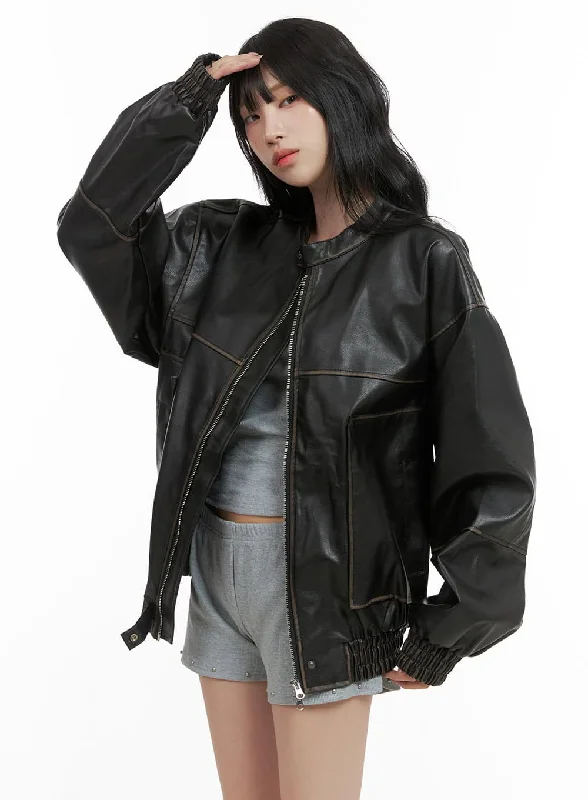 Elegant Tailoring Oversized Faux Leather Bomber Jacket (UNISEX) CG420