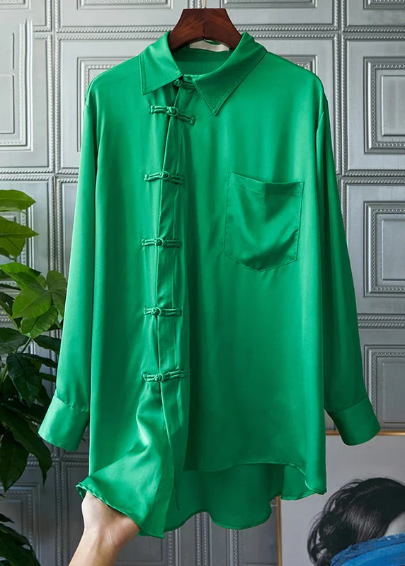 Elegant And Casual Solid Green Peter Pan Collar Pockets Button Silk shirt Long sleeve