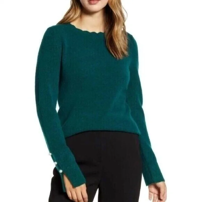 Simple Matching Scallop Crew Neck Sleeve Pullover Sweater In Green