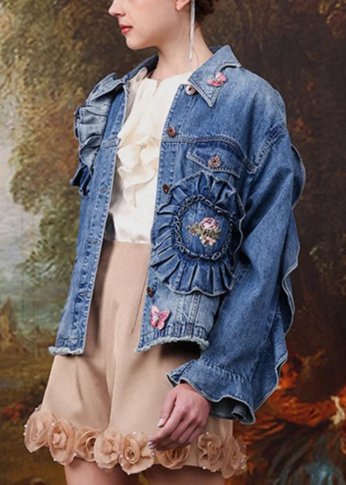 Ethnic Style French Blue Embroidered Ruffled Patchwork Denim Coats Spring