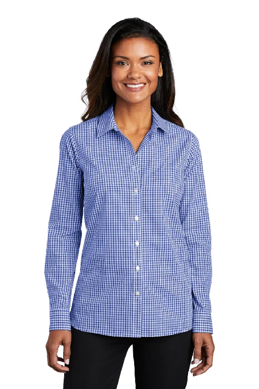 Exquisite Fabrics Port Authority Womens Broadcloth Gingham Wrinkle Resistant Long Sleeve Button Down Shirt - True Royal Blue/White