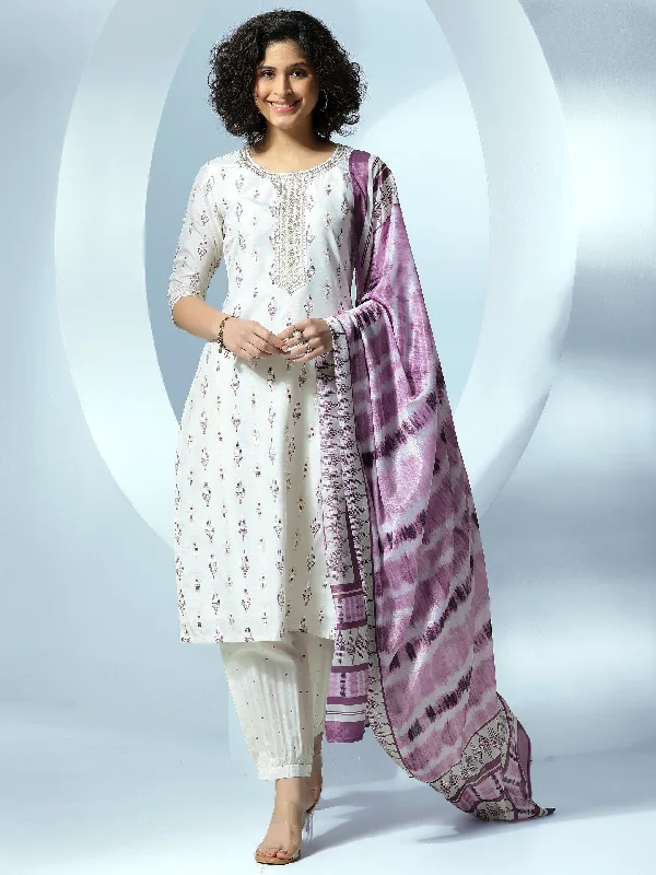 Designer Style Off White Printed Silk Blend Straight Suit With Dupatta