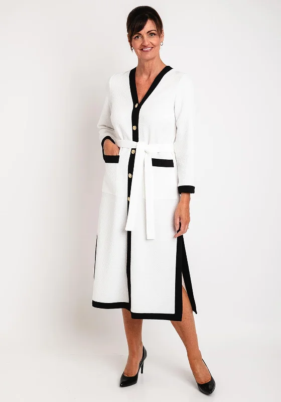 Spring Fashion Camelot Jacquard, Black Trim Long Cardigan, White