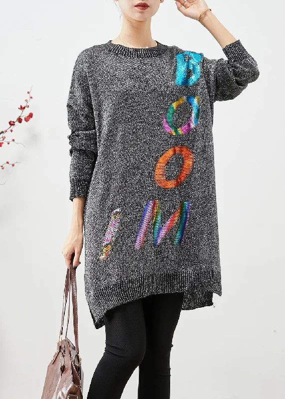 Comfortable Design Italian Grey Oversized Letter Print Knit Sweater Dress Fall