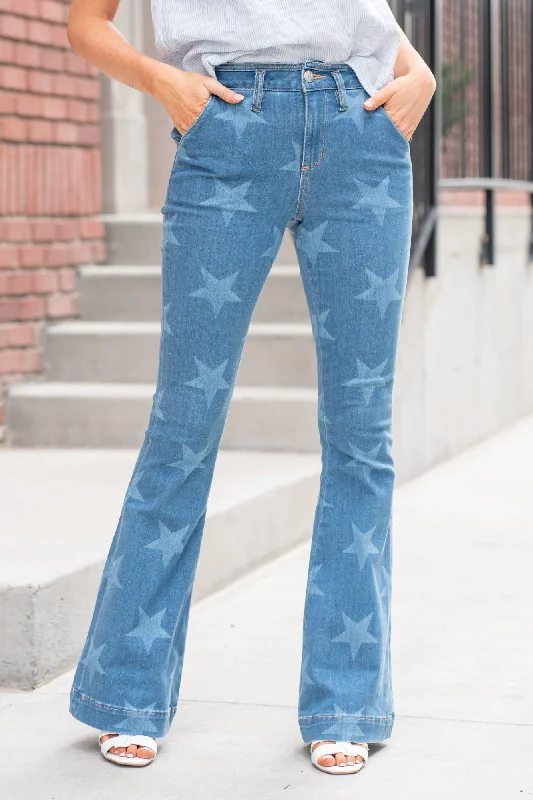 Sexy Fun High Rise Star Print Trouser Hem Flare