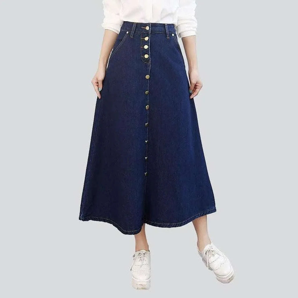 Simple Solid Color Long a-line buttoned denim skirt