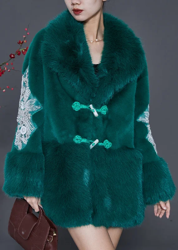 Elegant And Charming Modern Green Chinese Button Patchwork Mink Velvet Trench Winter