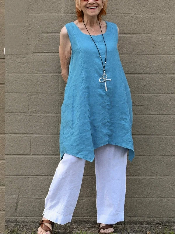 Fashion Style Linen W Hem Vest Top And Solid Color Casual Trouser Suit