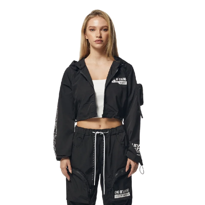 Bottom And Versatile Cropped Windbreaker Full Zip Jacket - Black