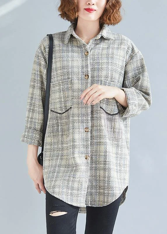 High-quality Fabrics Style khaki plaid tunic pattern baggy spring tops