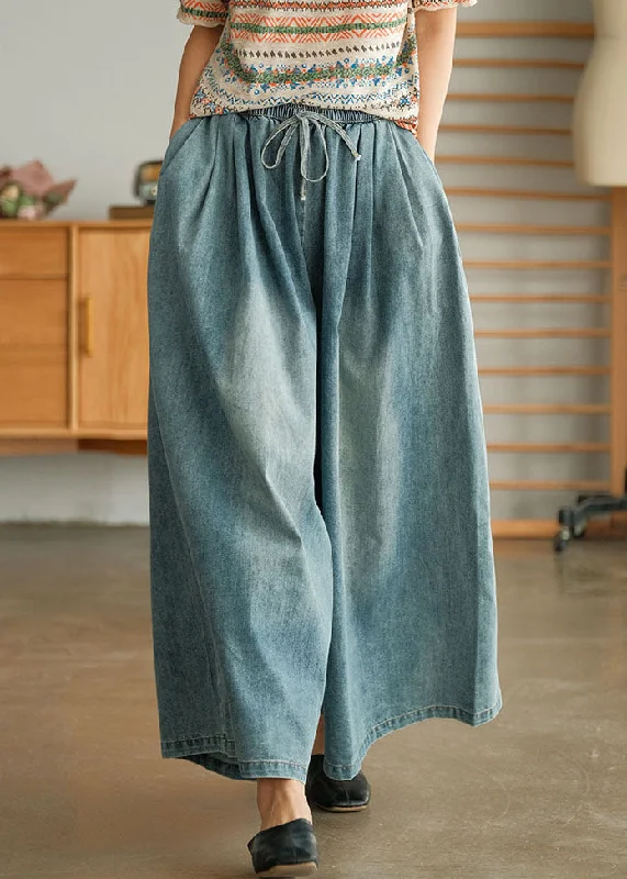 Celebrity Style Loose Blue Cinched Pockets denim wide leg pants Spring