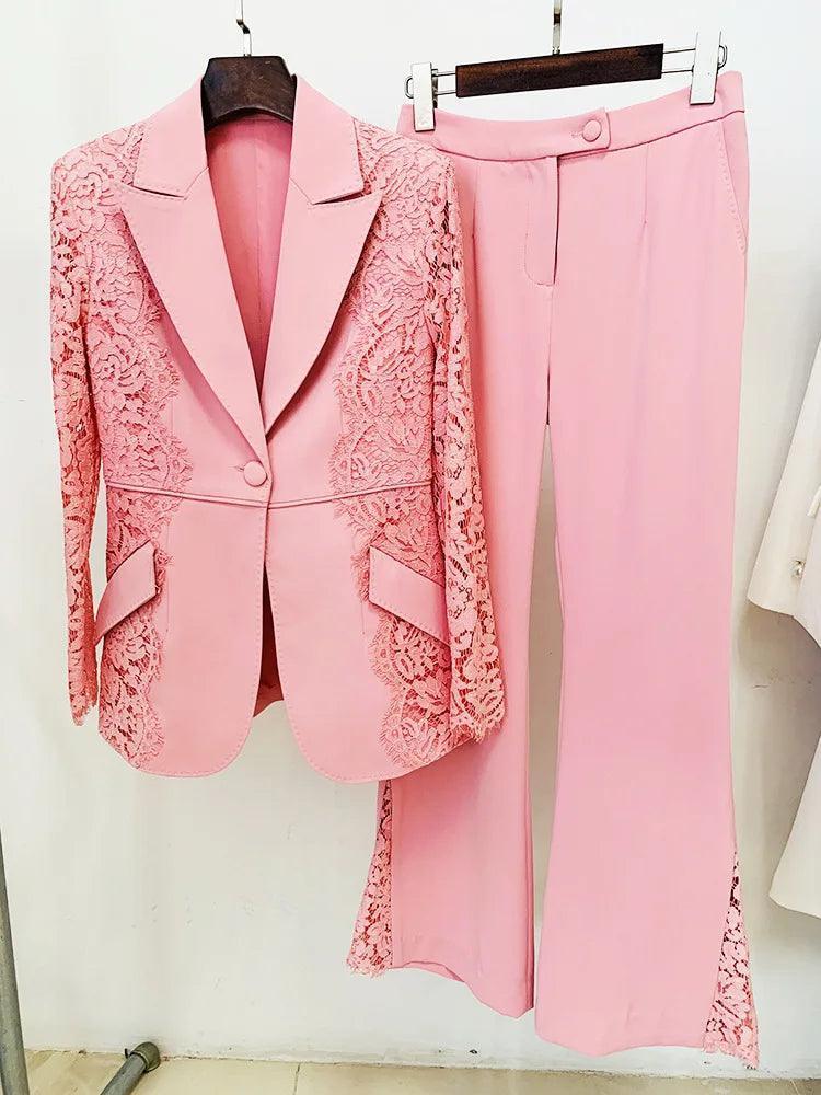 Elegant Tailoring Lace Patchwork Women Pant Suit, Flared Pants