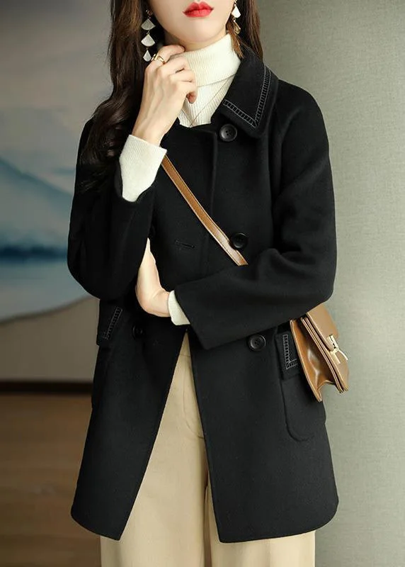 College Style Black Pockets Patchwork Woolen Coat Double Breast Long Sleeve