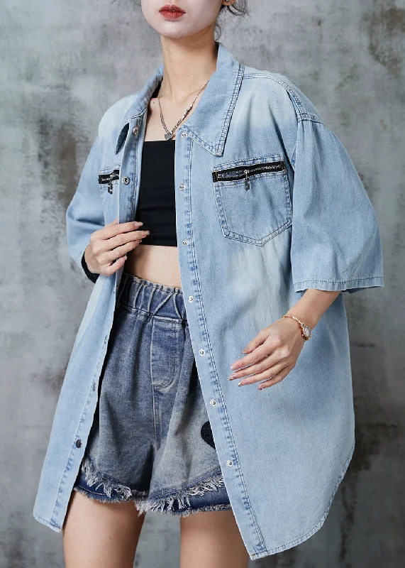 Free And Casual Italian Light Blue Zip Up Denim Loose Shirt Tops Summer