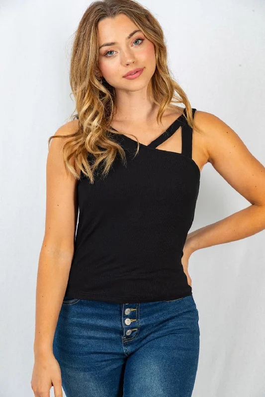 Unique Design Strappy Neck Ribbed Tank Top, Black