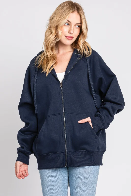 European And American Style Navy Front Zipper Hooded Sweater