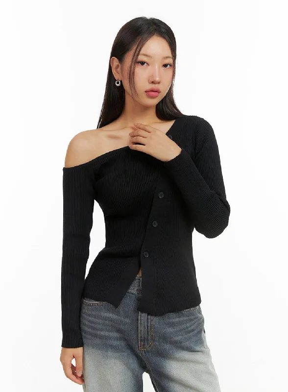 Exquisite Fabrics One-Shoulder Buttoned Slim Cardigan IS402