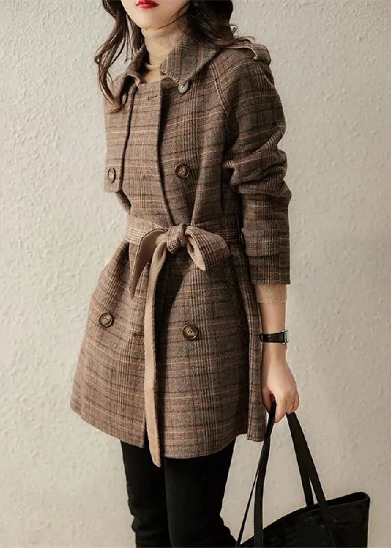 Avant-garde Design Loose Plaid Double Breast Tie Waist Wool Blend Coats Winter