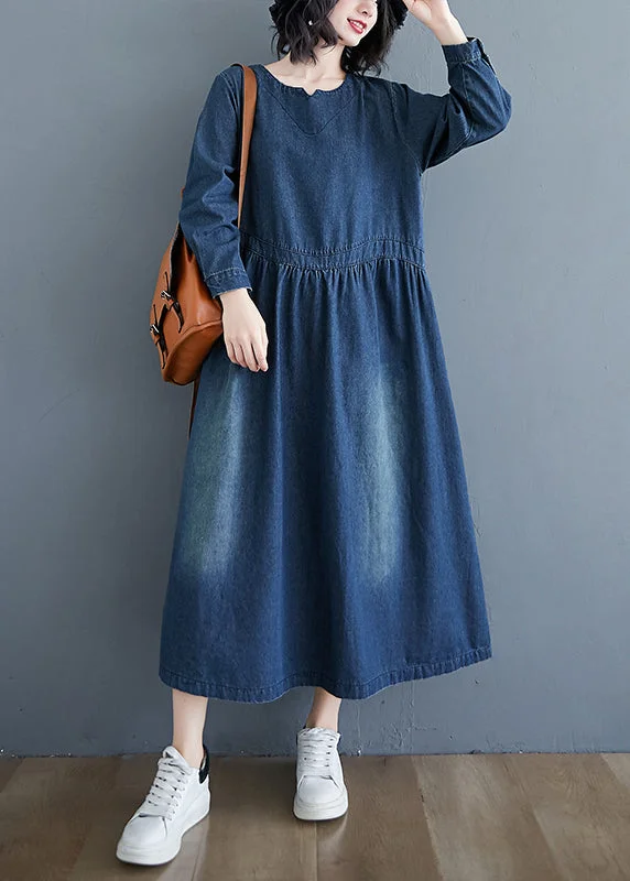 Denim Design Casual Denim Blue Patchwork Long Dress Long Sleeve