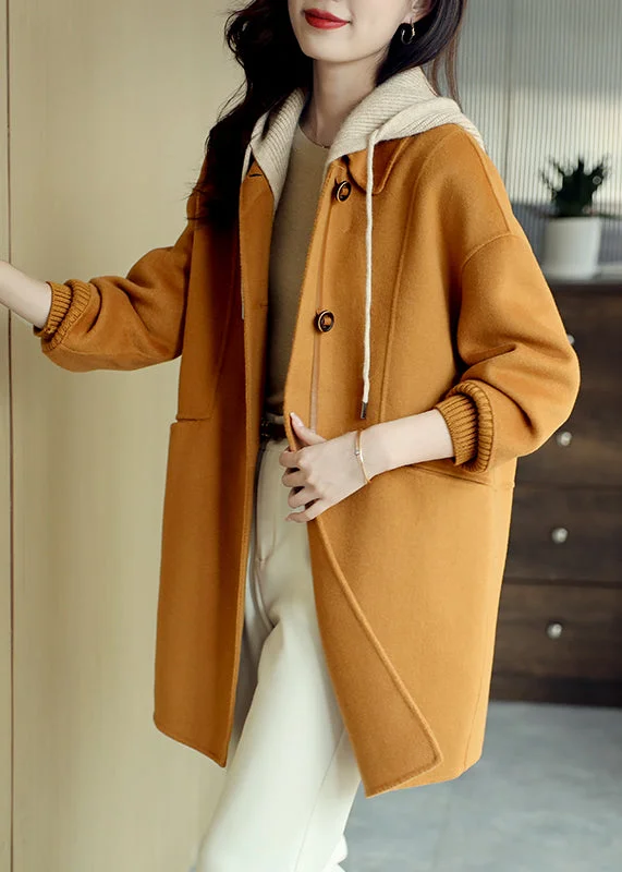 Outdoor Trend Loose Orange Hooded Button Pockets Patchwork Woolen Coat Fall