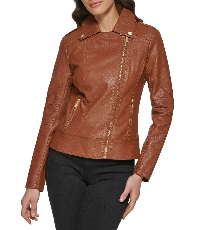 College Style Faux Leather Asymmetrical Zip Moto