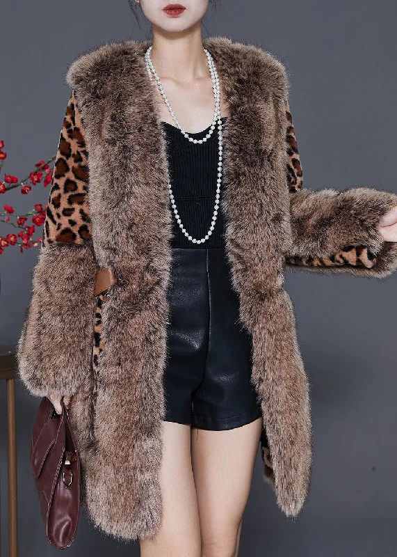 Comfortable And Casual Elegant Fur Collar Patchwork Leopard Mink Velvet Coat Winter