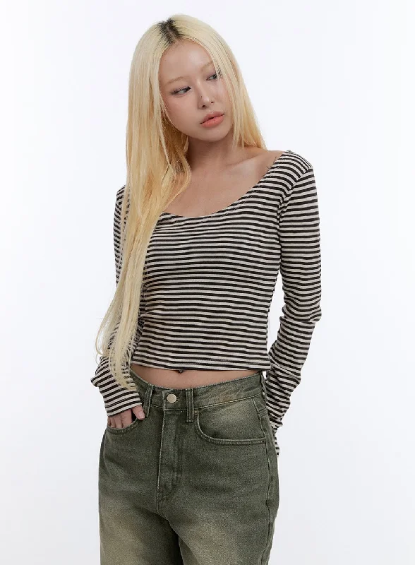 French Style U Neck Stripe Crop Long Sleeve Top CO419