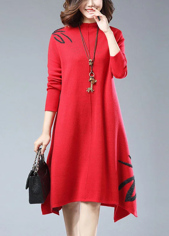 Playful Style New Red Embroideried Side Open Patchwork Woolen Knitwear Dress Long Sleeve