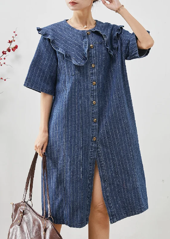 Soft And Comfortable Boho Navy Peter Pan Collar Striped Denim Mid Dress Summer