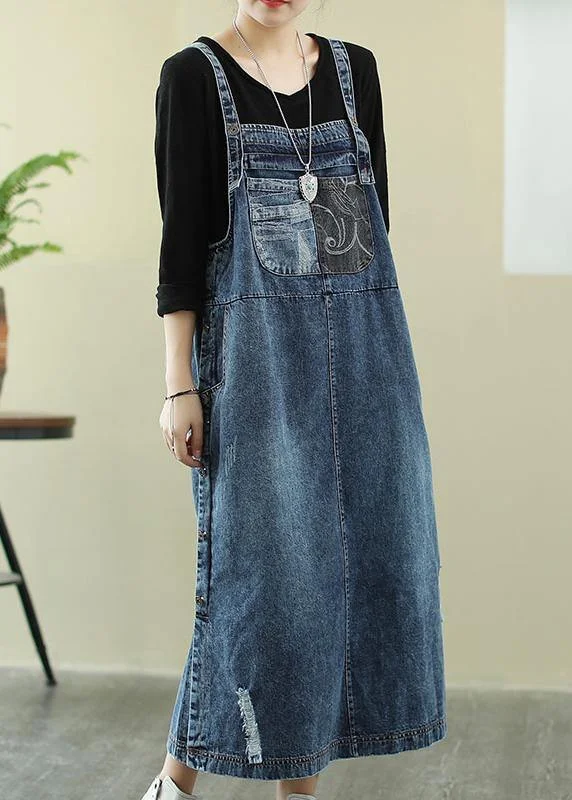 Classic Style Vivid denim blue tunic dress Slash neck Hole Maxi Dress