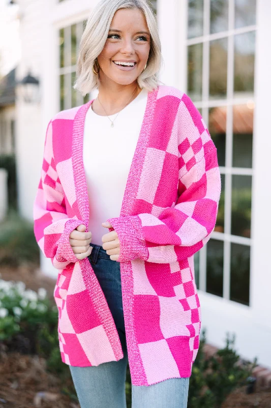 Stretch Design Make Your Day Hot Pink Checkered Cardigan