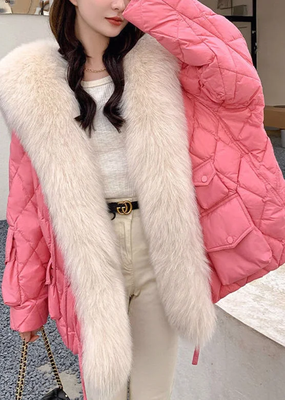 Fashionable And Versatile Plus Size Pink Fur Collar Pockets Plaid Patchwork Parka Long Sleeve