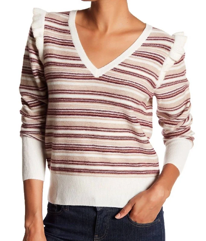 Retro Fashion Porcelain Striped Wool Sweater In Red/white/beige