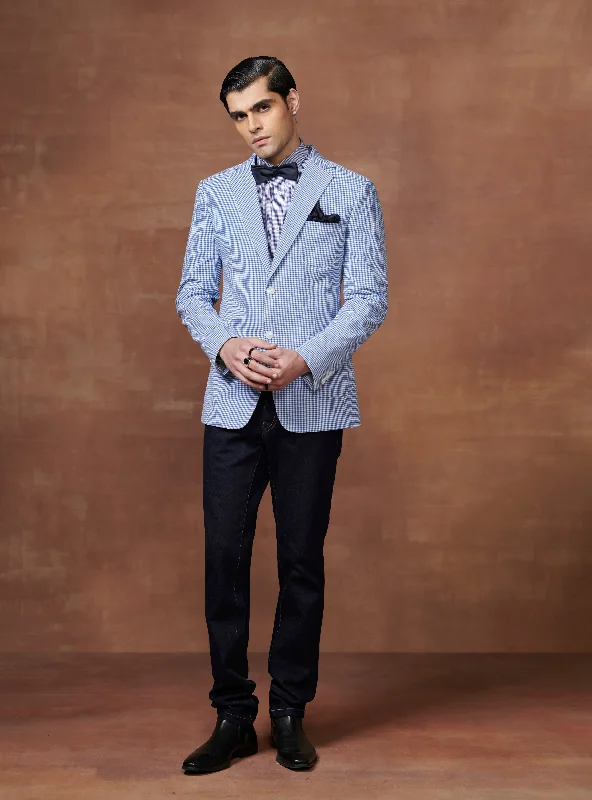 Celebrity Style LIGHT BLUE AND WHITE CHECK TUXEDO JACKET