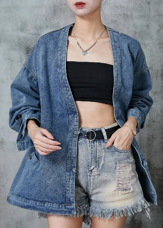 Fashion Must-have Bohemian Navy Oversized Chinese Button Denim Coats Spring