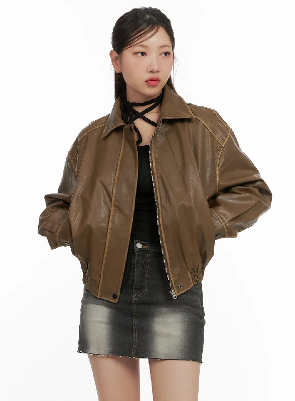 Slim Fit Zip-Up Faux Leather Crop Jacket CS405