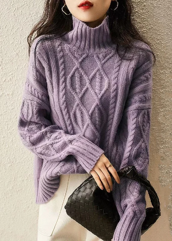 Denim Design French Purple Hign Neck Patchwork Woolen Cable Knit Sweaters Winter