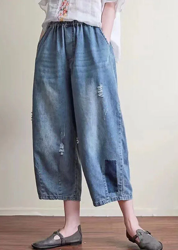 Embroidered Letters Natural Blue Casual Pockets Hole Harem Fall Denim Pant