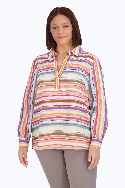 Eye-catching Personality Sophia Plus No Iron Watercolor Stripe Popover