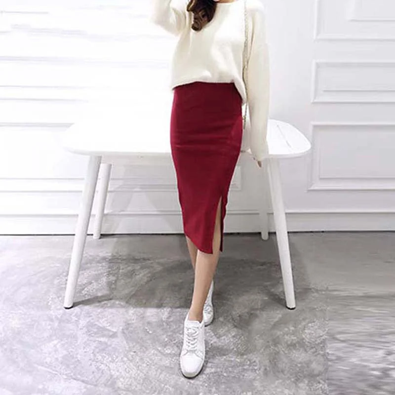 Unique Design Autumn Winter Bodycon Skirt Women Stretchable Split Skirt Mid Calf Slim Pencil Skirts For Women Female Knit Skirt